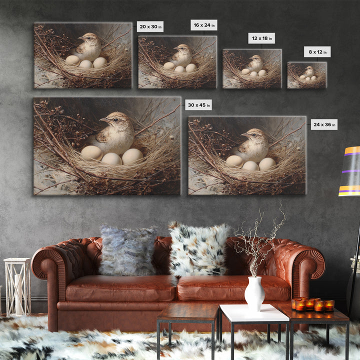 Bird Nest with Eggs and Delicate Twigs Framed Canvas Print, Bird Art, Living Room Decor, Oil Painting, Flight, BIR-3x2-74