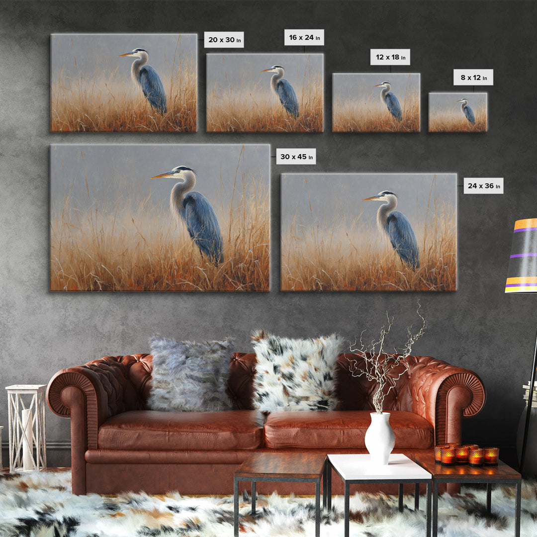 Blue Heron in Misty Marsh Grass Framed Canvas Print, Bird Art, Digital Download Art, Living Room Decor, Fine Art, Flight, BIR-3x2-78