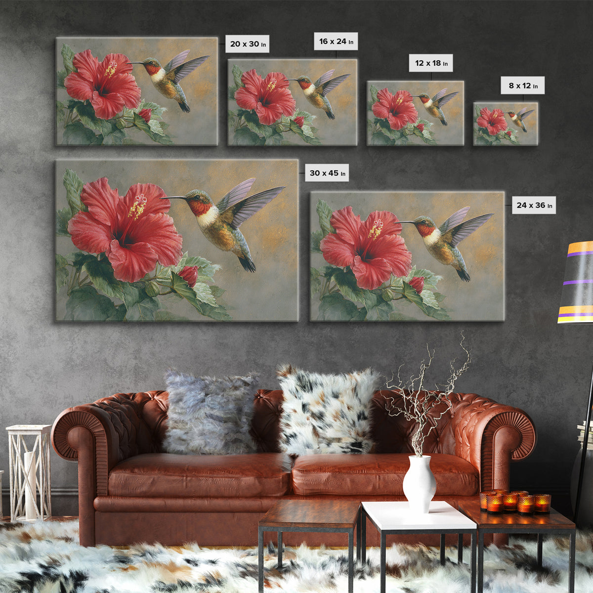 Hummingbird Hovering Beside Bright Hibiscus Framed Canvas Print, Bird Art, Watercolor Painting, Living Room Decor, Oil Painting, BIR-3x2-8