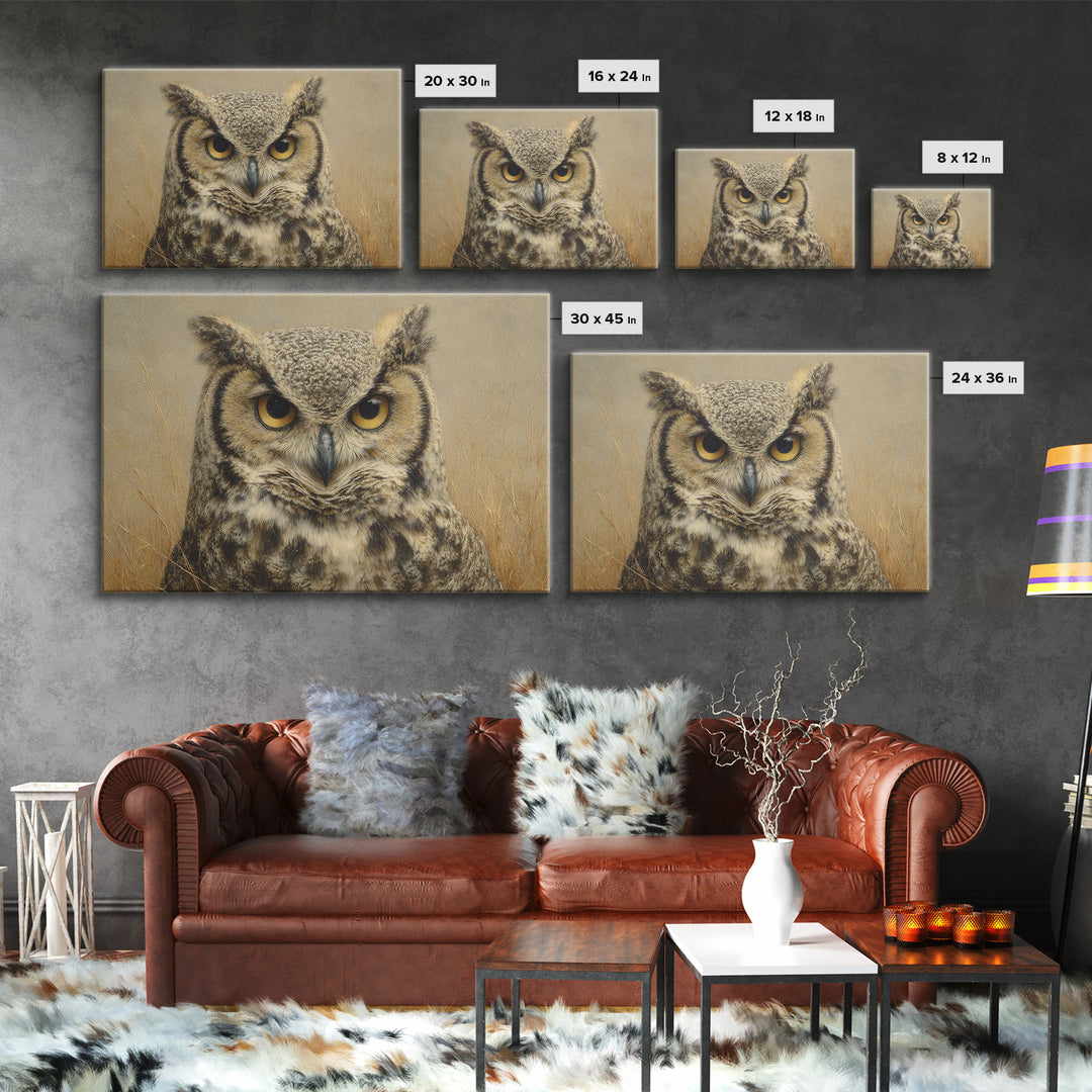Owl Portrait with Wise Golden Eyes Framed Canvas Print, Bird Art, Bird Wall Art, Living Room Decor, Oil Painting, Flight, BIR-3x2-81