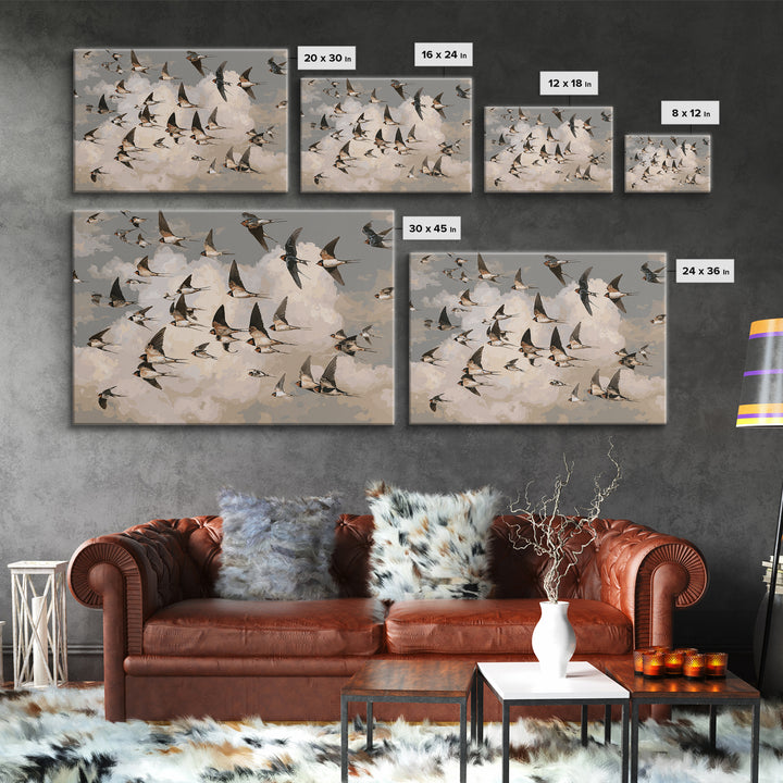 Flock of Swallows Sweeping Across Open Sky Framed Canvas Print, Bird Art, Nature Prints, Living Room Decor, Oil Painting, BIR-3x2-82