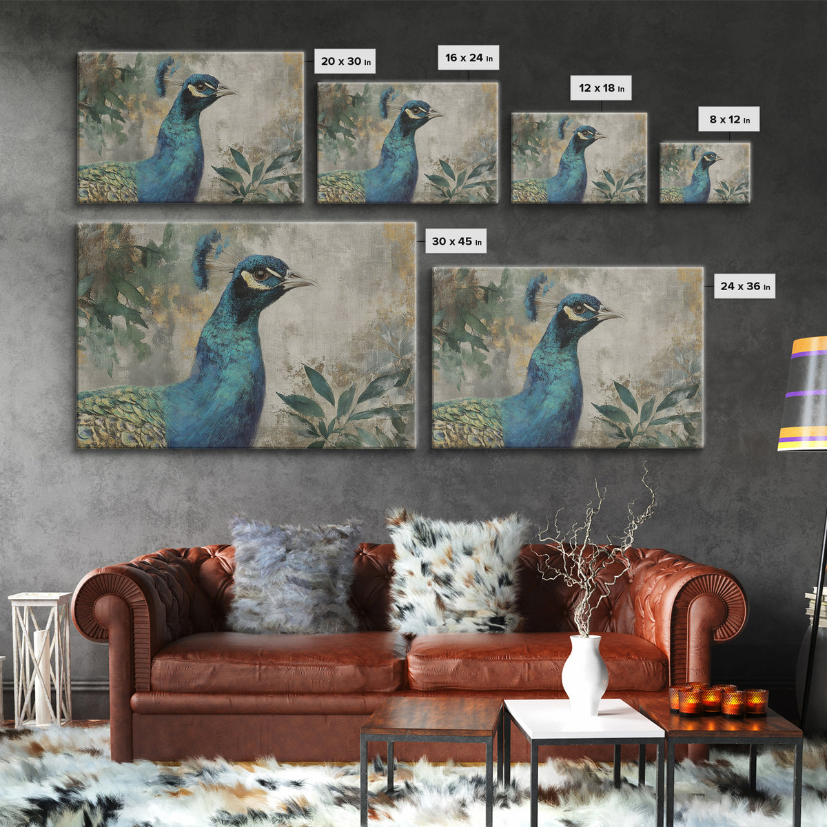 Peacock with Jewel Tone Feather Pattern Canvas Print, Bird Art, Wall Art, Living Room Decor, Flight, Japanese Wall Art, BIR-3x2-83
