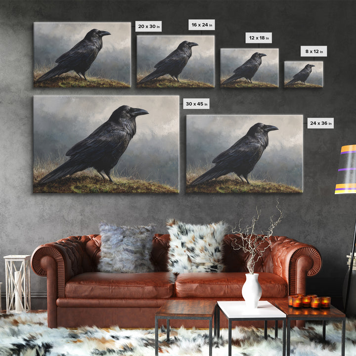 Raven Silhouette with Gothic Atmosphere Framed Canvas Print, Bird Art, Nature Wall Art, Living Room Decor, Fine Art, Flight, BIR-3x2-85
