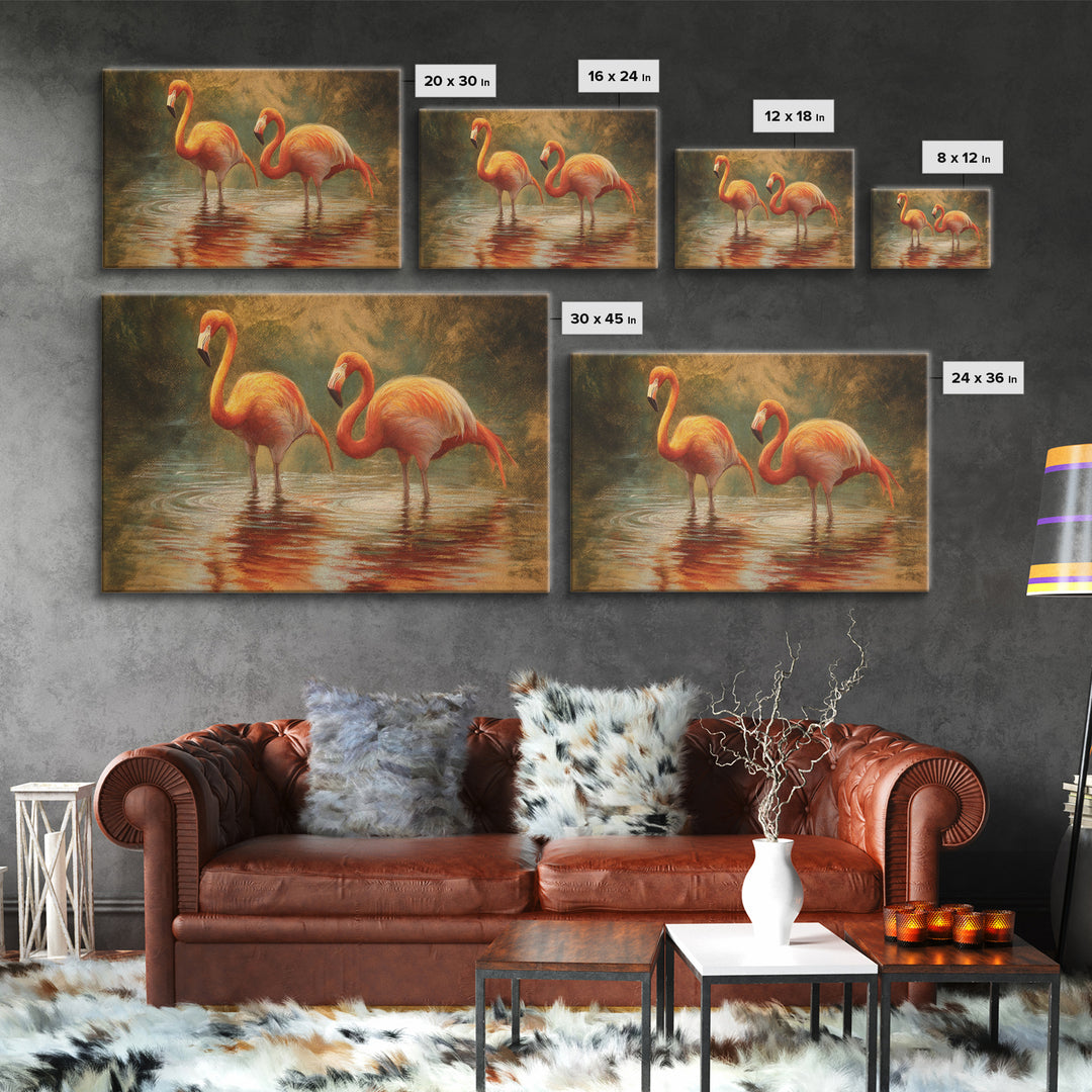 Flamingo Pair in Coral Water Reflections Framed Canvas Print, Bird Art, Gallery Wall, Living Room Decor, Fine Art, Flight, BIR-3x2-86