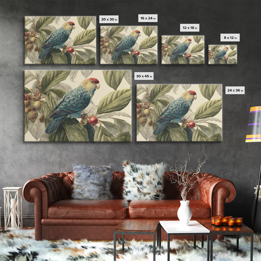 Parrot Among Tropical Leaves and Fruit Canvas Print, Bird Art, Rustic Home Decor, Living Room Decor, Oil Painting, Flight, BIR-3x2-89