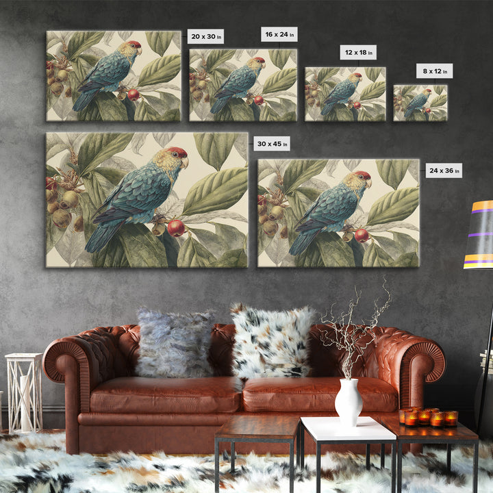 Parrot Among Tropical Leaves and Fruit Canvas Print, Bird Art, Rustic Home Decor, Living Room Decor, Oil Painting, Flight, BIR-3x2-89