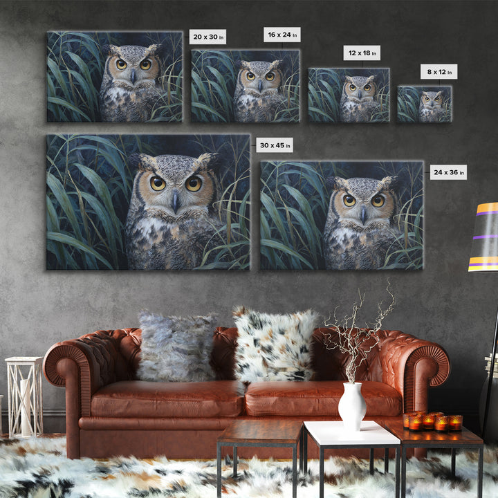 Owl Portrait with Wise Golden Eyes Framed Canvas Print, Bird Art, Boho Wall Decor, Living Room Decor, Fine Art, Flight, BIR-3x2-9
