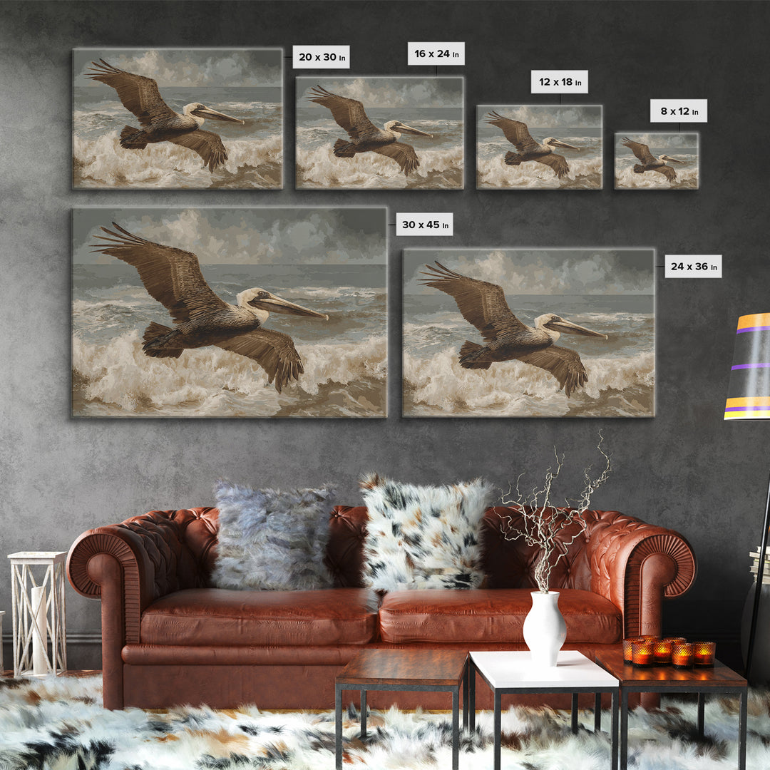 Pelican Flying over Coastal Waves Canvas Print, Bird Art, Bird Prints, Living Room Decor, Abstract Art, Flight, Modern Decor, BIR-3x2-94