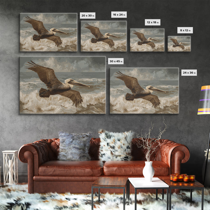 Pelican Flying over Coastal Waves Canvas Print, Bird Art, Bird Prints, Living Room Decor, Abstract Art, Flight, Modern Decor, BIR-3x2-94