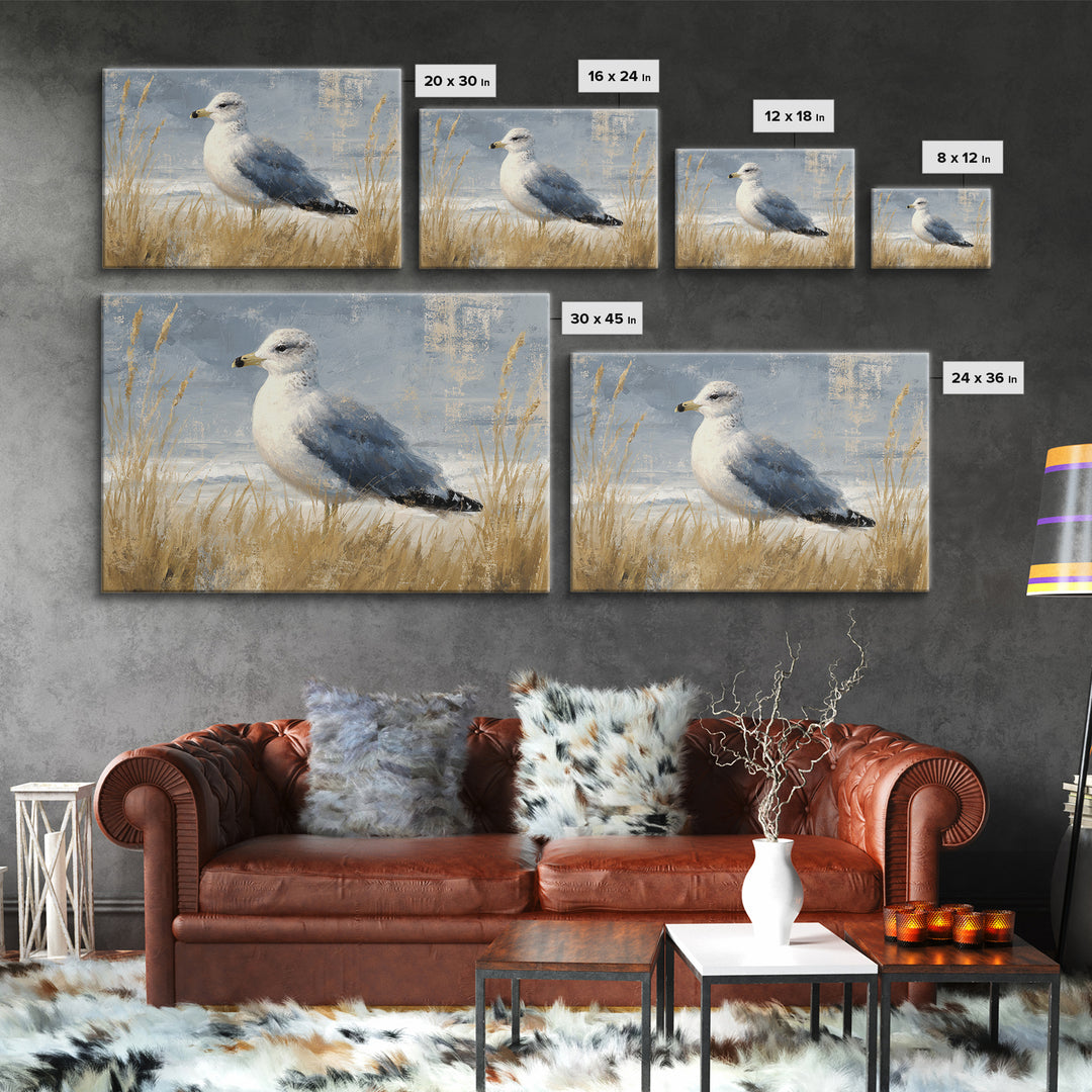 Seagulls Above a Pale Beach Horizon Framed Canvas Print, Bird Art, Art Print, Living Room Decor, Fine Art, Flight, Original Art, BIR-3x2-96