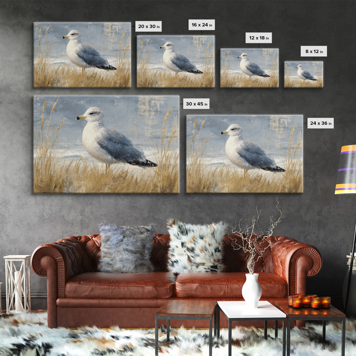 Seagulls Above a Pale Beach Horizon Framed Canvas Print, Bird Art, Art Print, Living Room Decor, Fine Art, Flight, Original Art, BIR-3x2-96