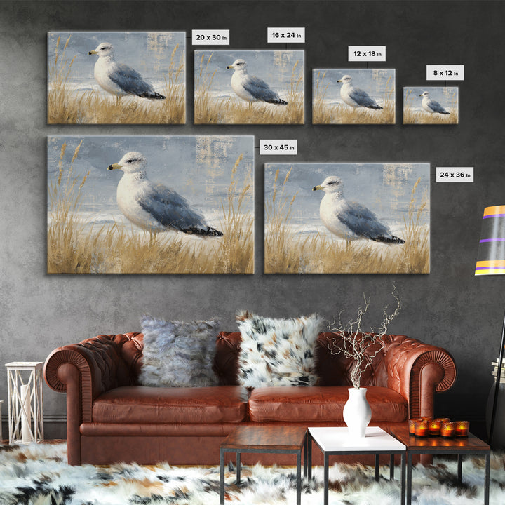 Seagulls Above a Pale Beach Horizon Framed Canvas Print, Bird Art, Art Print, Living Room Decor, Fine Art, Flight, Original Art, BIR-3x2-96