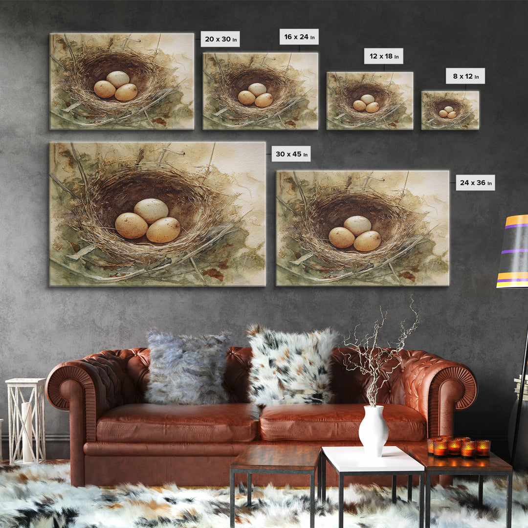 Bird Nest with Eggs and Delicate Twigs Canvas Print, Bird Art, Mid Century Wall Art, Living Room Decor, Fine Art, Flight, BIR-3x2-98