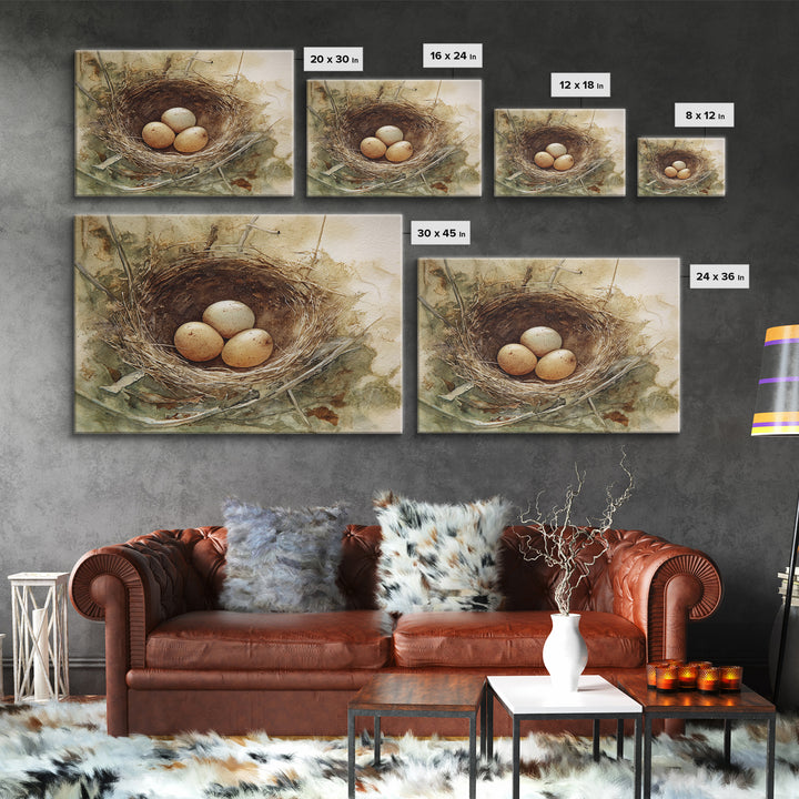 Bird Nest with Eggs and Delicate Twigs Canvas Print, Bird Art, Mid Century Wall Art, Living Room Decor, Fine Art, Flight, BIR-3x2-98