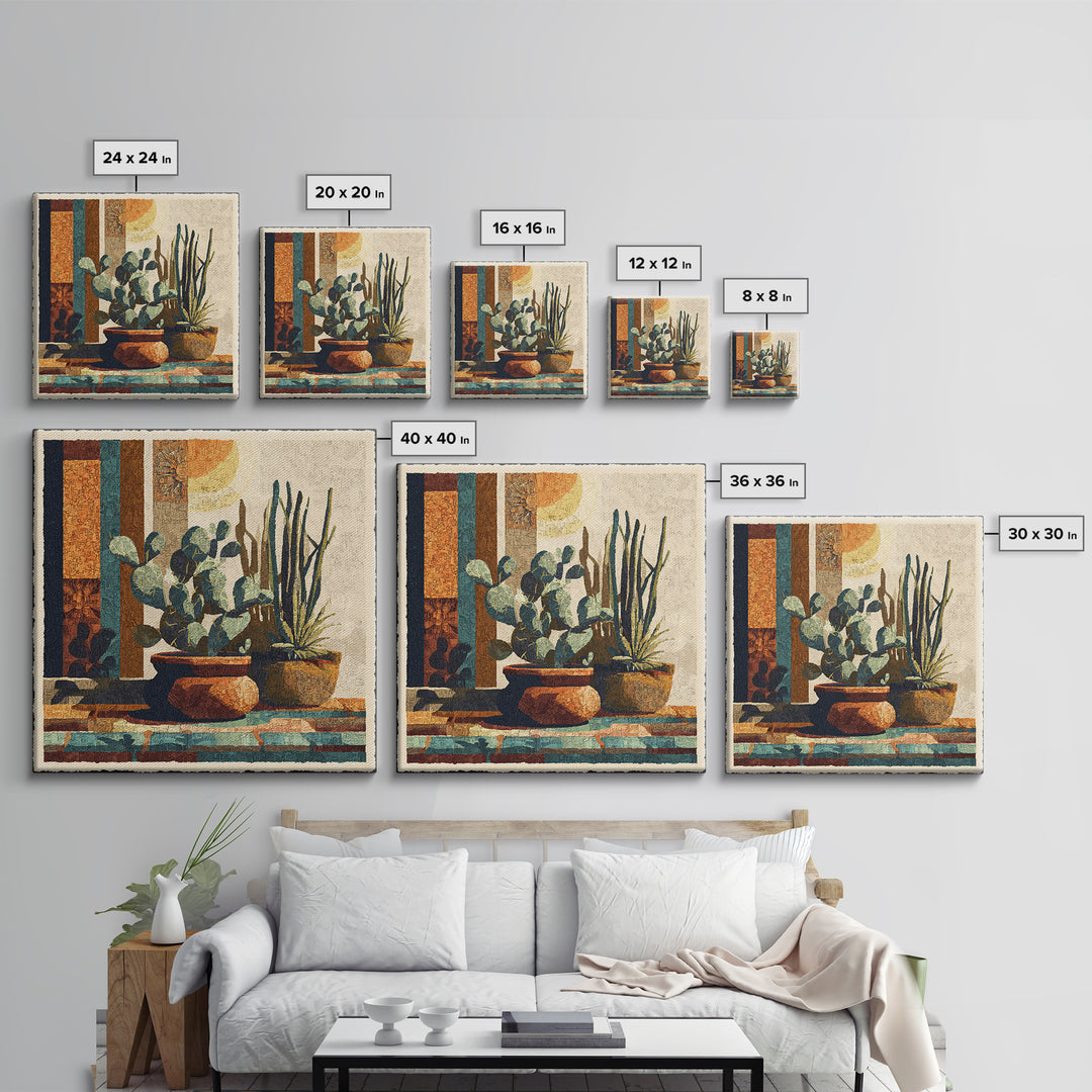 Desert Sun with Cactus and Warm Clay Framed Canvas Print, Boho Art, Textured Painting, Living Room Decor, Fine Art, Bohemian, BOH-1x1-1