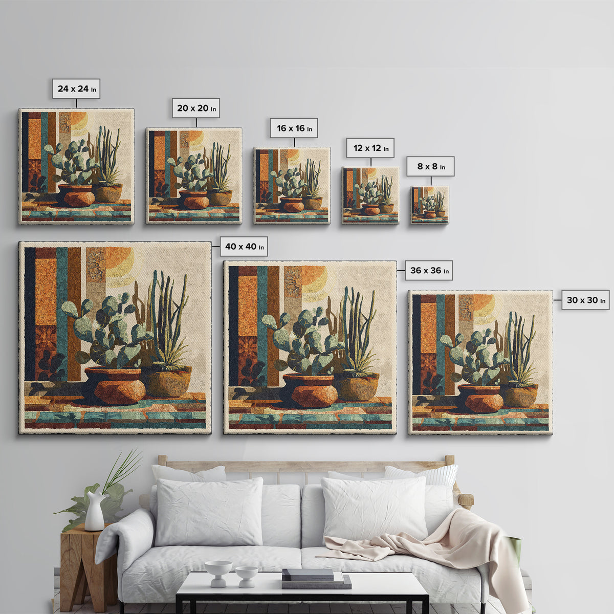 Desert Sun with Cactus and Warm Clay Framed Canvas Print, Boho Art, Textured Painting, Living Room Decor, Fine Art, Bohemian, BOH-1x1-1