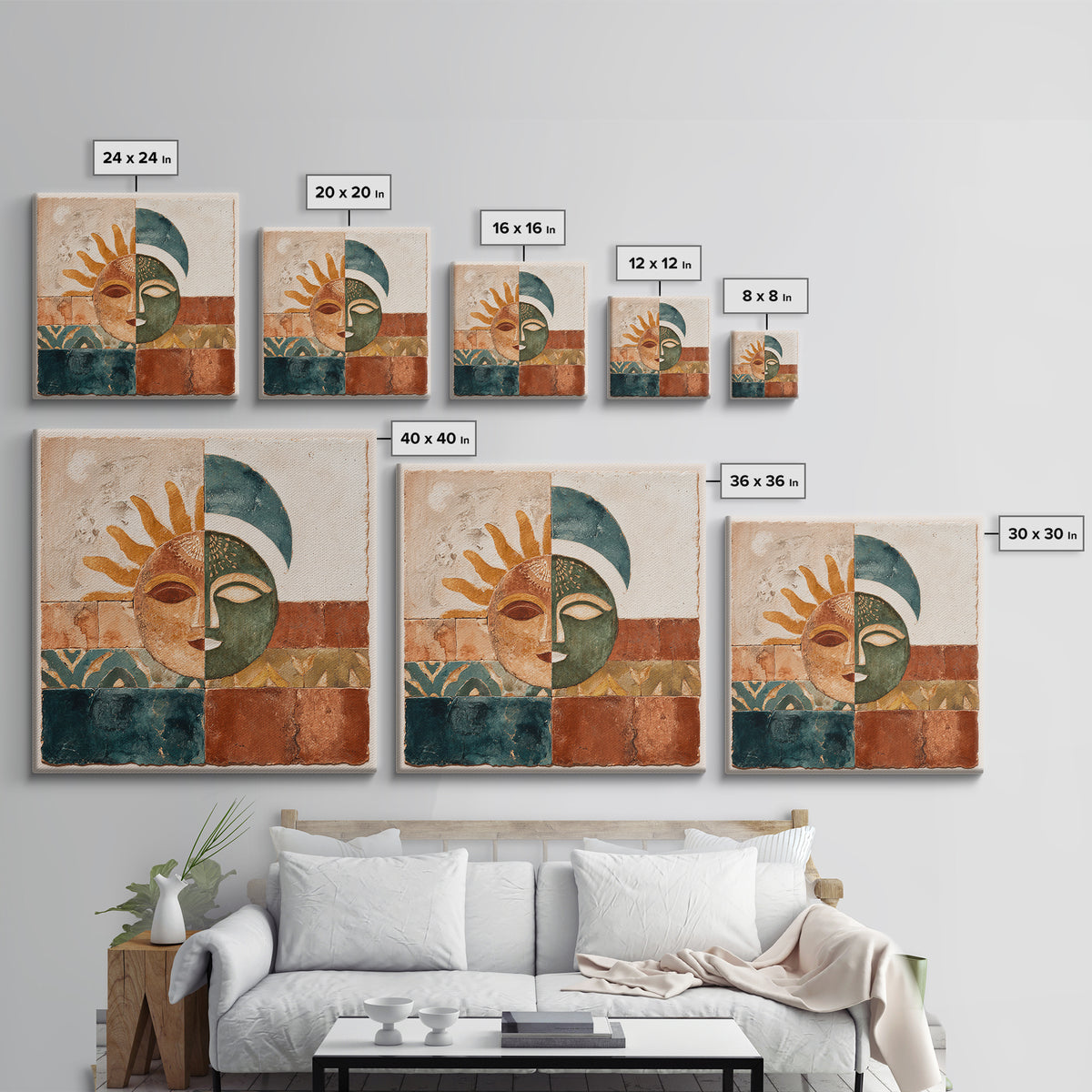 Sun and Moon Celestial Folk Motif Canvas Print, Boho Art, Wall Print, Living Room Decor, Fine Art, Bohemian, Minimalist Decor, BOH-1x1-10