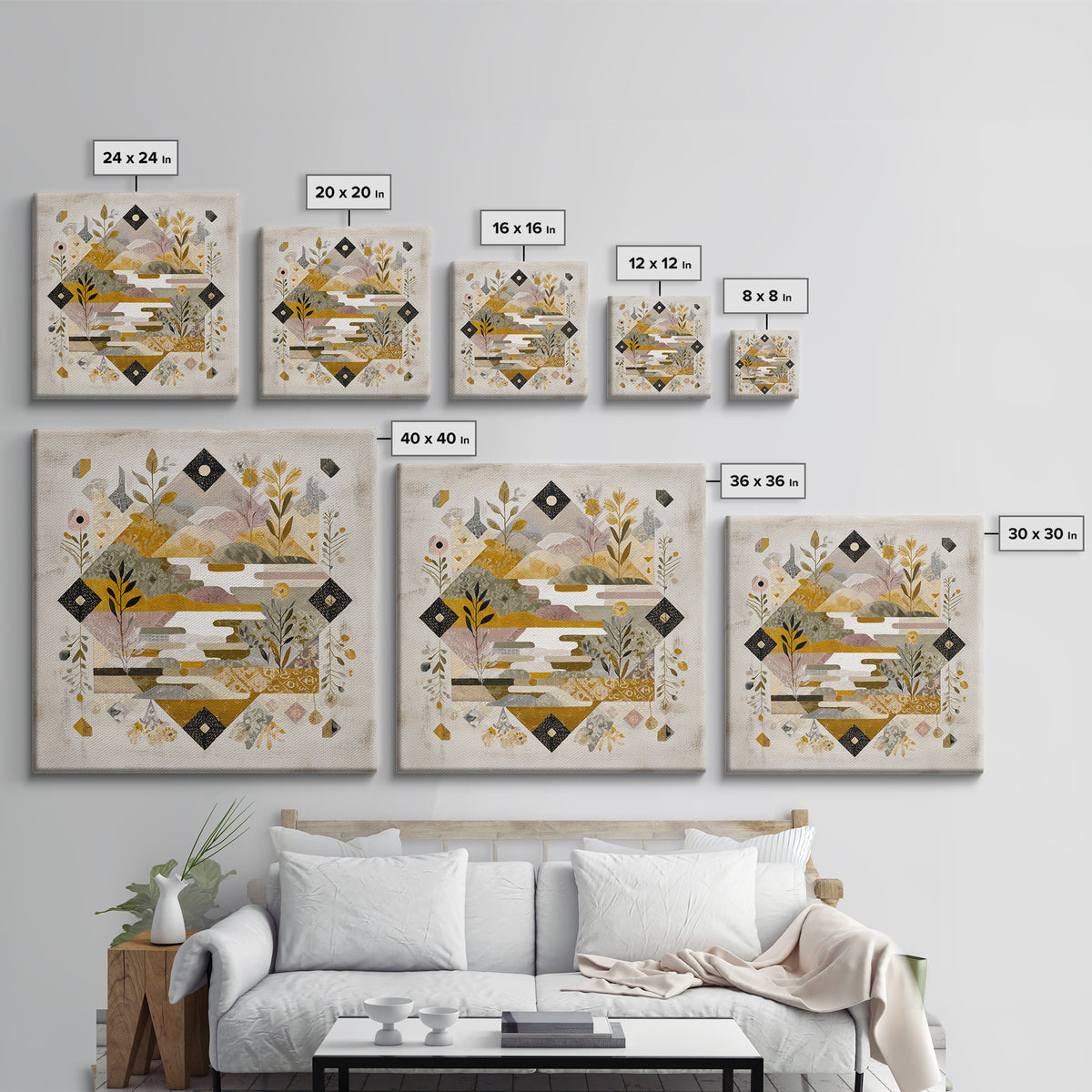 Earth Tone Mountain and River Abstraction Framed Canvas Print, Boho Art, Art Nouveau, Living Room Decor, Fine Art, Bohemian, BOH-1x1-11