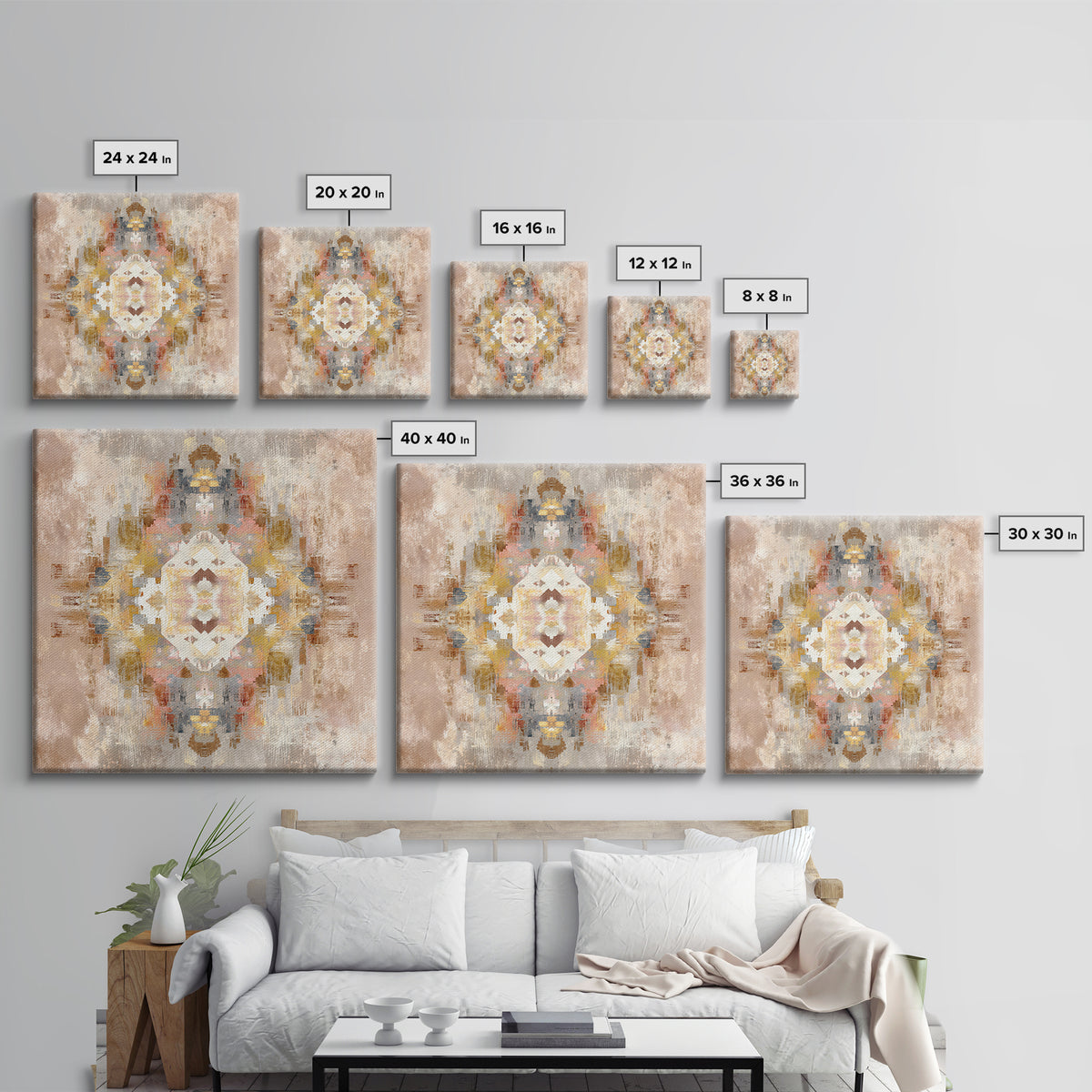 Tribal Neutral Pattern Canvas Print, Boho Art, Set of 3 Prints, Living Room Decor, Fine Art, Bohemian, Contemporary Art, BOH-1x1-14