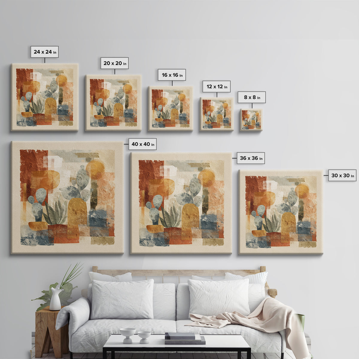 Warm Neutral Cactus Garden Illustration Canvas Print, Boho Art, Wall Art Print, Living Room Decor, Fine Art, Bohemian, BOH-1x1-18