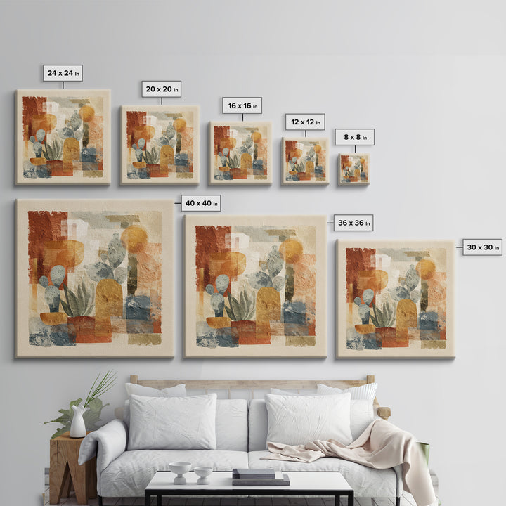 Warm Neutral Cactus Garden Illustration Canvas Print, Boho Art, Wall Art Print, Living Room Decor, Fine Art, Bohemian, BOH-1x1-18