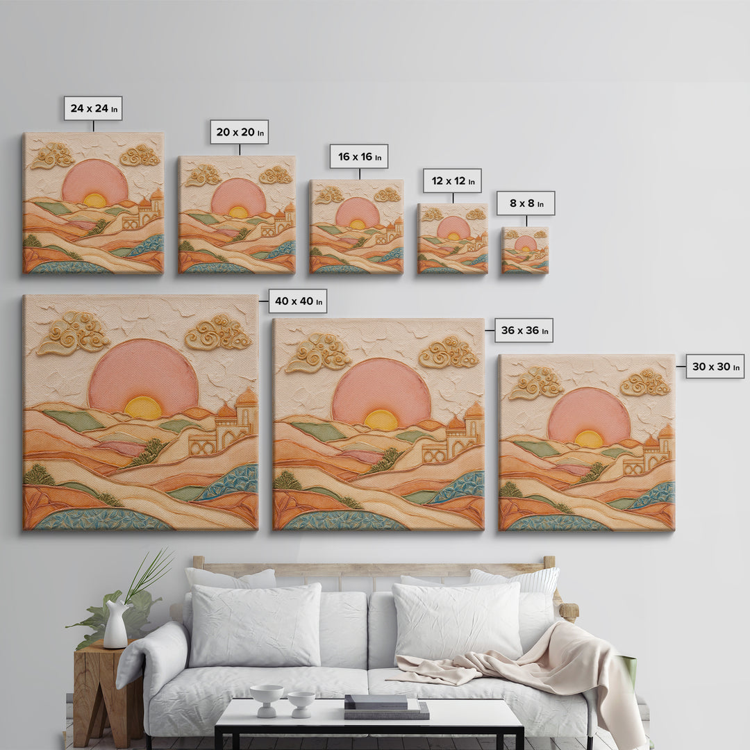 Sunrise over Rolling Dunes in Muted Peach Framed Canvas Print, Boho Art, Room Decor, Living Room Decor, Fine Art, Bohemian, BOH-1x1-21