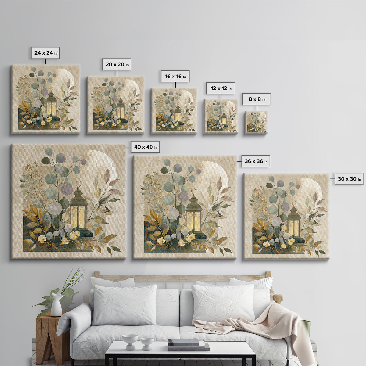 Sage Green Eucalyptus and Crescent Moon Canvas Print, Boho Art, Art Deco, Living Room Decor, Bohemian, Modern Wall Art, BOH-1x1-23
