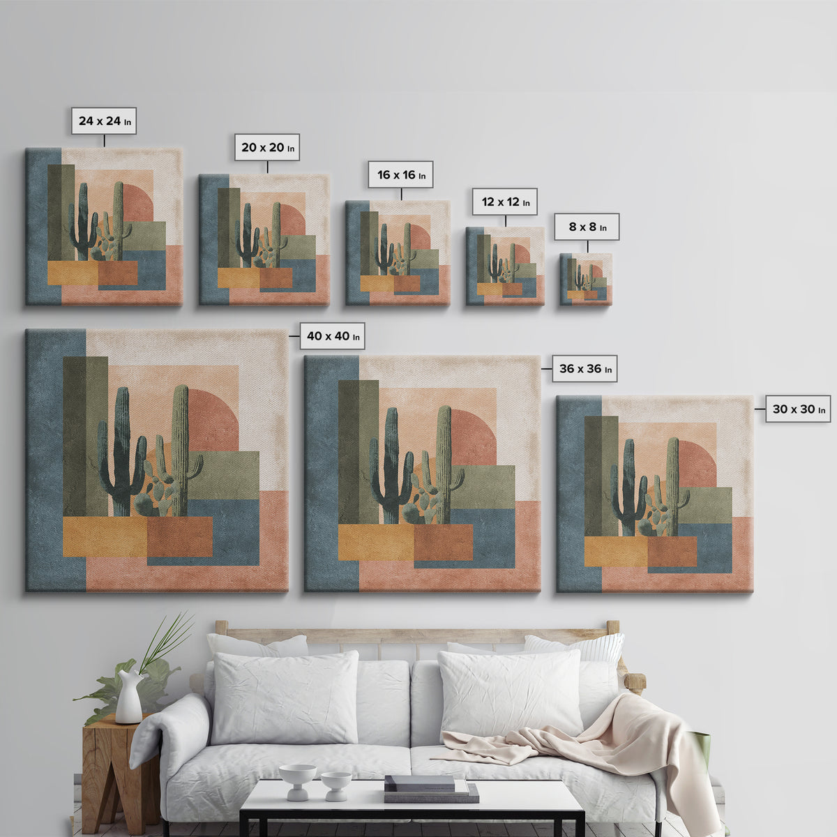 Desert Sun with Cactus and Warm Clay Canvas Print, Boho Art, Art, Living Room Decor, Fine Art, Bohemian, Wallart, Art Nouveau, BOH-1x1-25