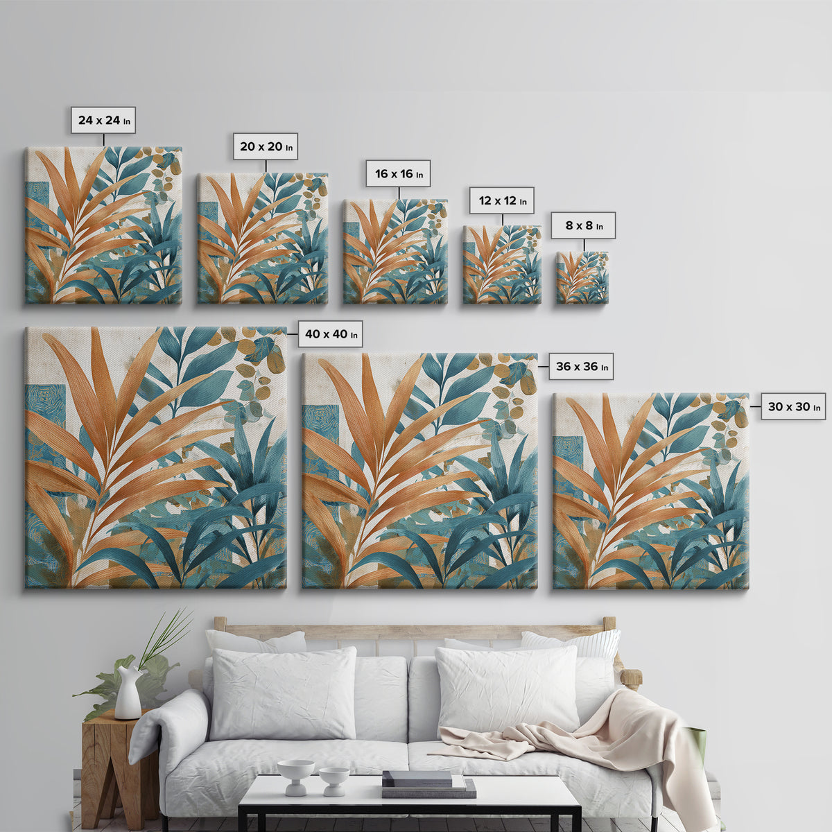 Terracotta Palm Leaves Framed Canvas Print, Boho Art, Wall Decor, Living Room Decor, Fine Art, Bohemian, Art Nouveau, BOH-1x1-29