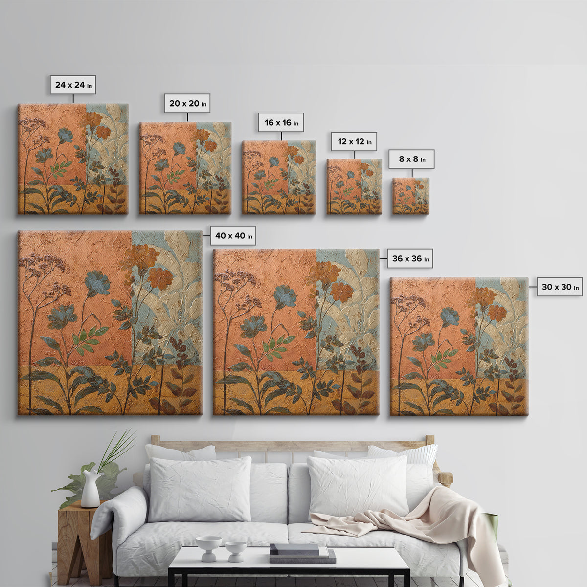 Burnt Orange Floral Field at Sunset Framed Canvas Print, Boho Art, Contemporary Art, Living Room Decor, Fine Art, Bohemian, BOH-1x1-37