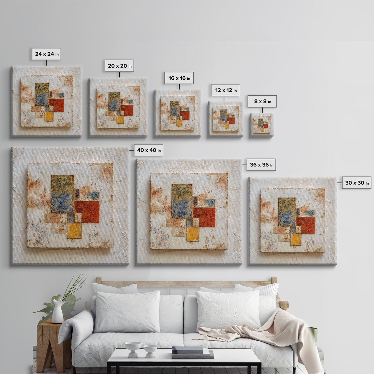 Abstract Clay Shapes Framed Canvas Print, Boho Art, Textured Painting, Living Room Decor, Abstract Art, Bohemian, BOH-1x1-40