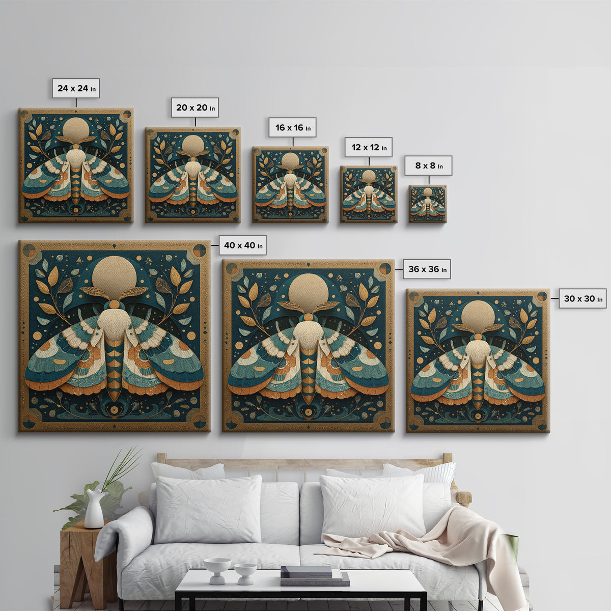 Golden Moth with Moon and Stars Framed Canvas Print, Boho Art, Wall Art, Living Room Decor, Fine Art, Bohemian, Art Deco, BOH-1x1-41