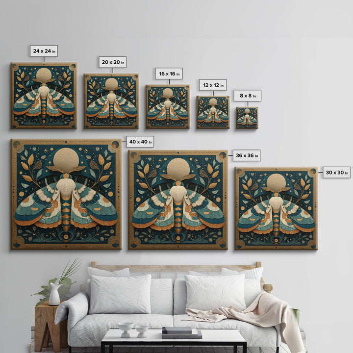 Golden Moth with Moon and Stars Framed Canvas Print, Boho Art, Wall Art, Living Room Decor, Fine Art, Bohemian, Art Deco, BOH-1x1-41
