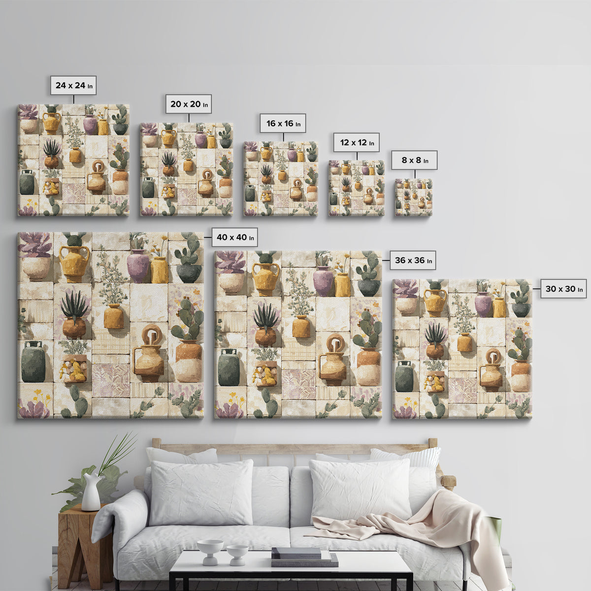 Warm Neutral Cactus Garden Illustration Framed Canvas Print, Boho Art, Wall Art Set, Living Room Decor, Fine Art, Bohemian, BOH-1x1-42
