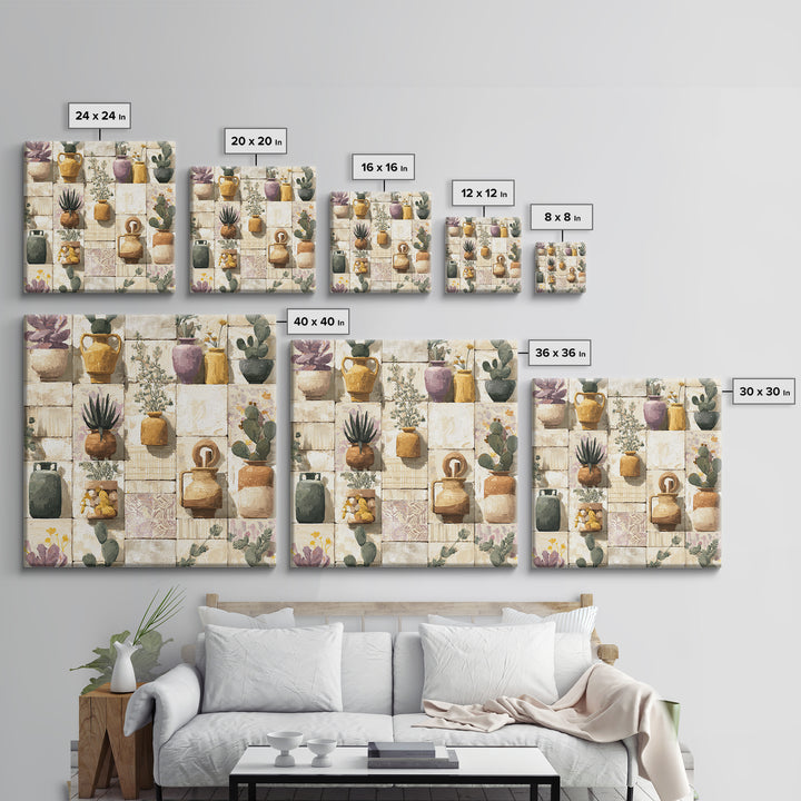 Warm Neutral Cactus Garden Illustration Framed Canvas Print, Boho Art, Wall Art Set, Living Room Decor, Fine Art, Bohemian, BOH-1x1-42