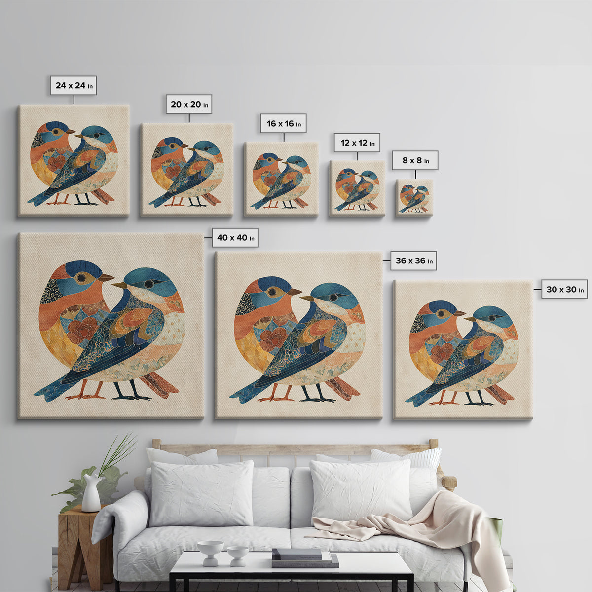 Boho Bird Pair Framed Canvas Print, Boho Art, Digital Wall Art, Living Room Decor, Bohemian, Garden Art, Wall Art Print, BOH-1x1-44