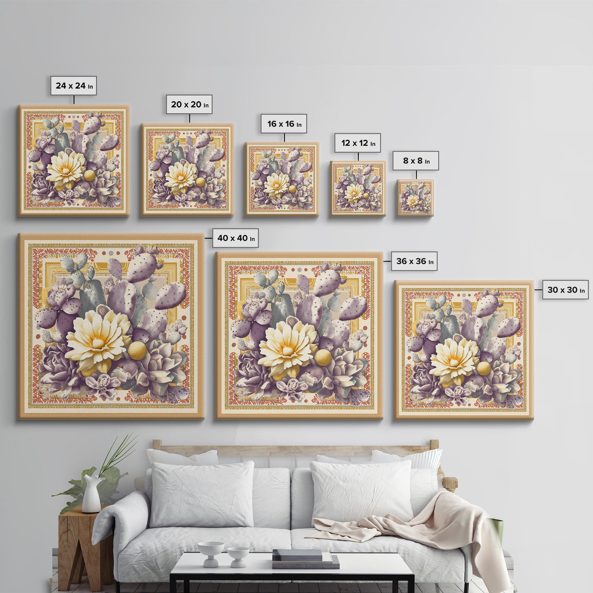 Desert Sun with Cactus and Warm Clay Canvas Print, Boho Art, Art, Living Room Decor, Fine Art, Bohemian, Wallart, Art Nouveau, BOH-1x1-49