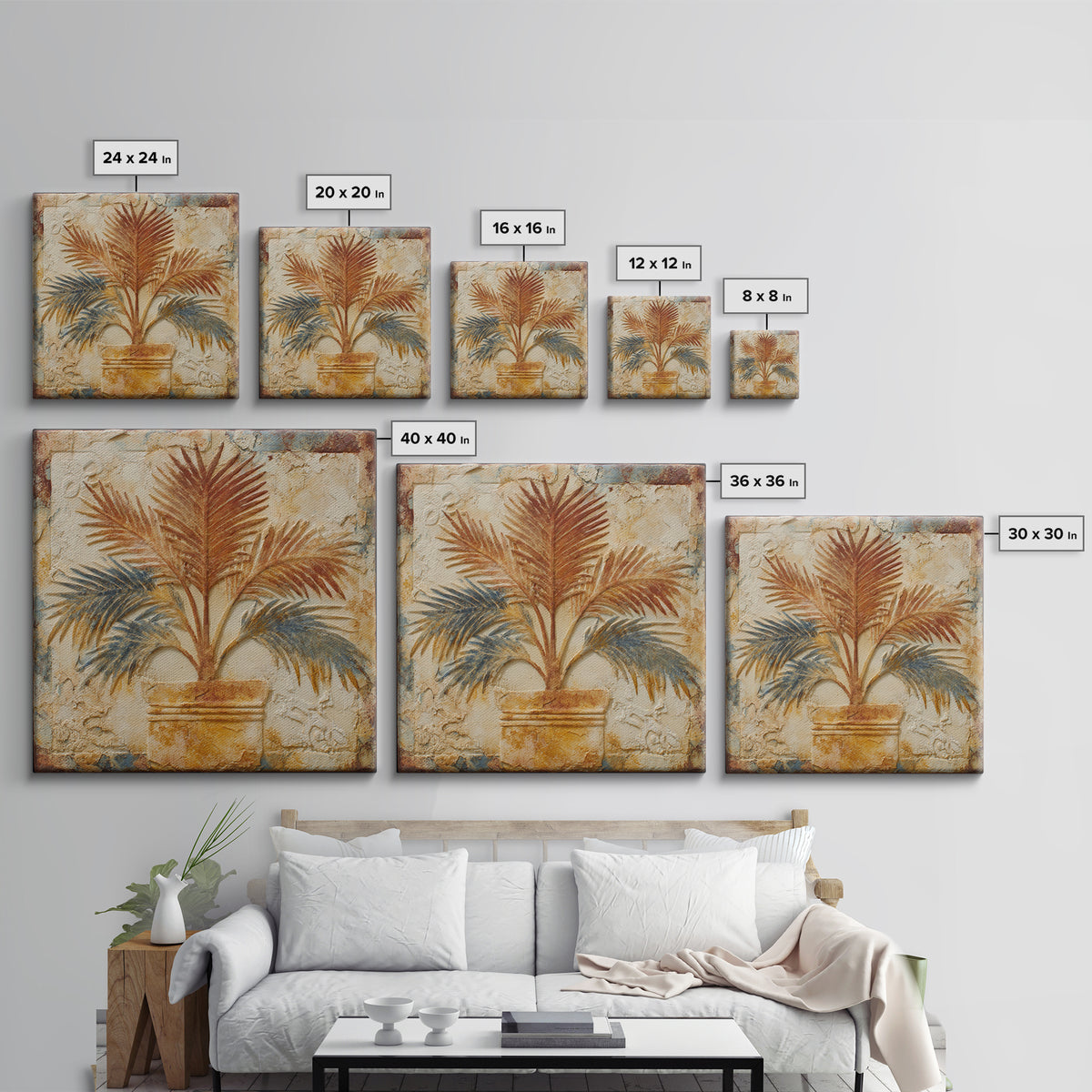 Terracotta Palm Leaves Framed Canvas Print, Boho Art, Wall Decor, Living Room Decor, Fine Art, Bohemian, Art Nouveau, BOH-1x1-53