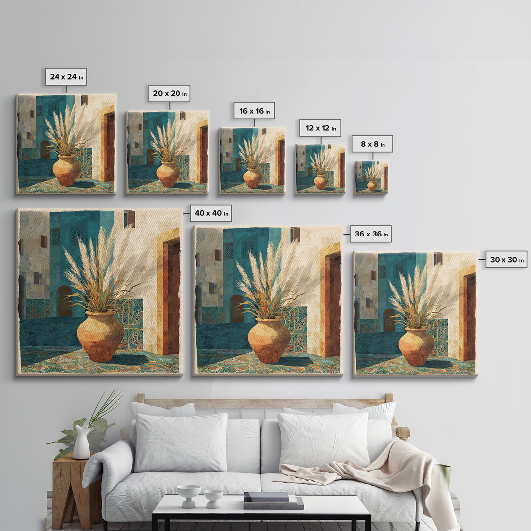 Bohemian Vase with Dried Pampas Grass Framed Canvas Print, Boho Art, Prints, Living Room Decor, Abstract Art, Bohemian, BOH-1x1-57