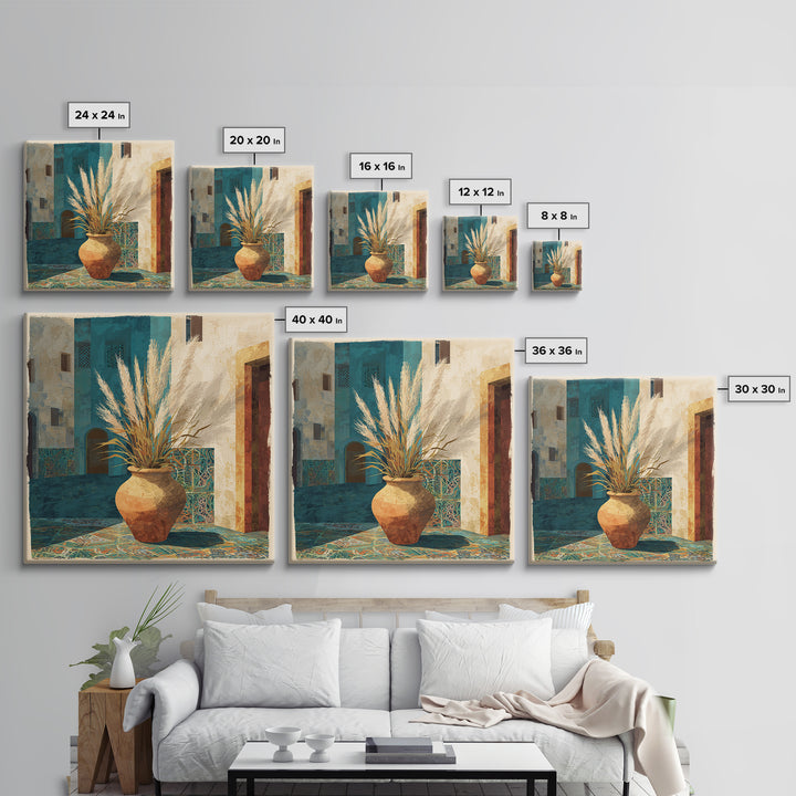 Bohemian Vase with Dried Pampas Grass Framed Canvas Print, Boho Art, Prints, Living Room Decor, Abstract Art, Bohemian, BOH-1x1-57