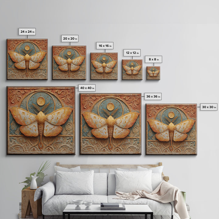 Golden Moth with Moon and Stars Framed Canvas Print, Boho Art, Wall Art, Living Room Decor, Fine Art, Bohemian, Art Deco, BOH-1x1-65