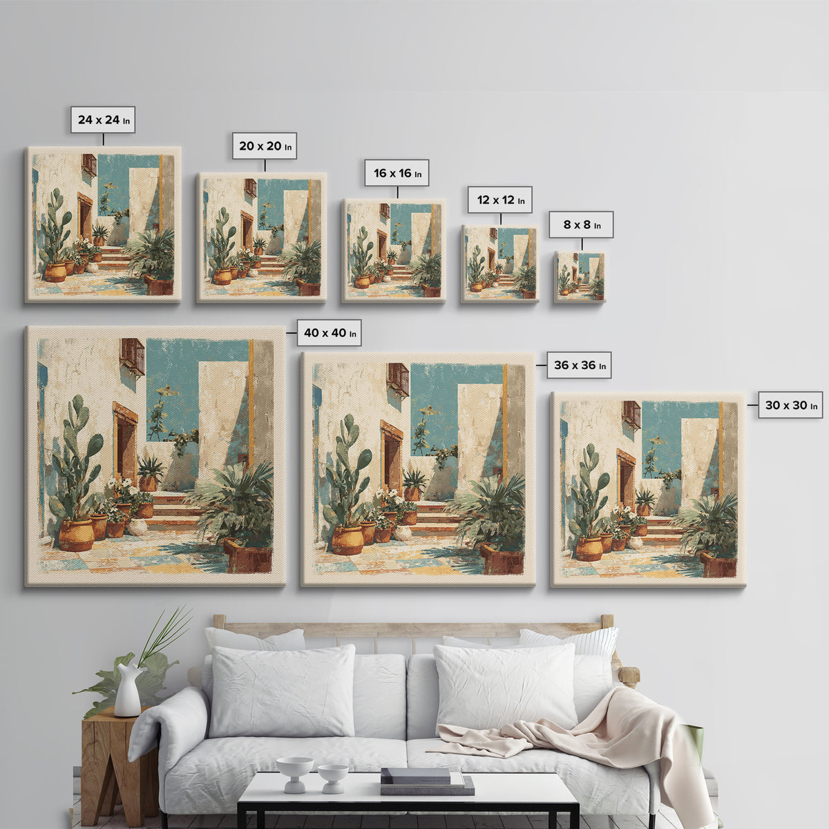 Warm Neutral Cactus Garden Illustration Framed Canvas Print, Boho Art, Wall Art Set, Living Room Decor, Fine Art, Bohemian, BOH-1x1-66