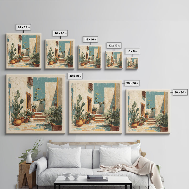 Warm Neutral Cactus Garden Illustration Framed Canvas Print, Boho Art, Wall Art Set, Living Room Decor, Fine Art, Bohemian, BOH-1x1-66
