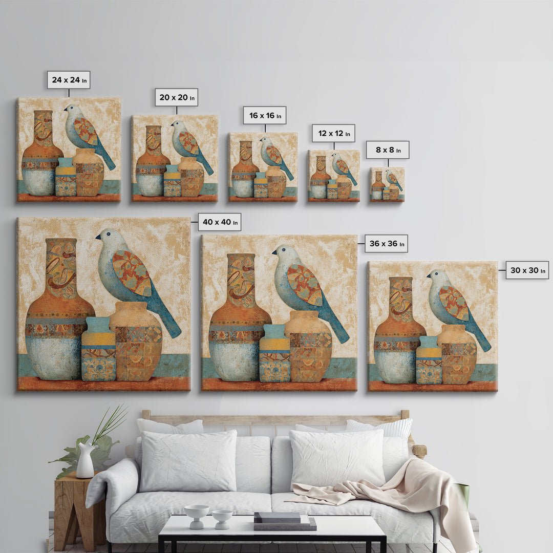 Boho Bird Pair Framed Canvas Print, Boho Art, Boho Wall Art, Living Room Decor, Fine Art, Bohemian, Statement Artwork, BOH-1x1-68