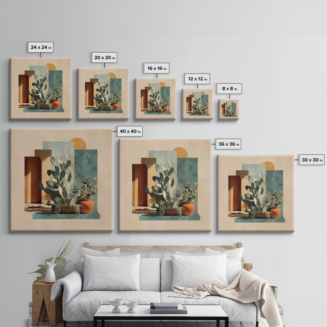 Desert Sun with Cactus and Warm Clay Framed Canvas Print, Boho Art, Printable, Living Room Decor, Watercolor Art, Bohemian, BOH-1x1-73