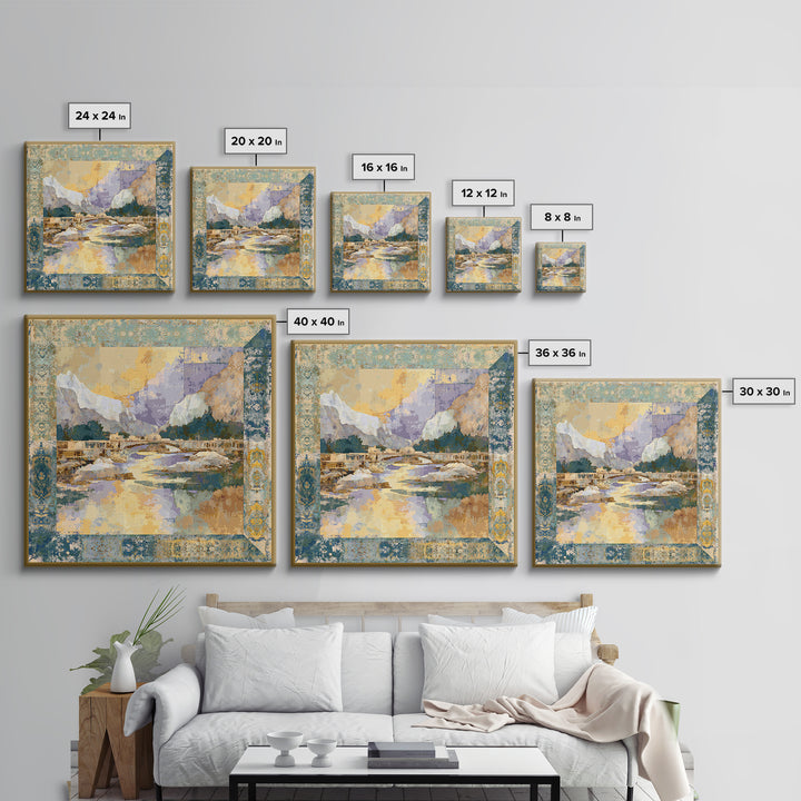 Earth Tone Mountain and River Abstraction Framed Canvas Print, Boho Art, Living Room Decor, Oil Painting, Bohemian, BOH-1x1-83