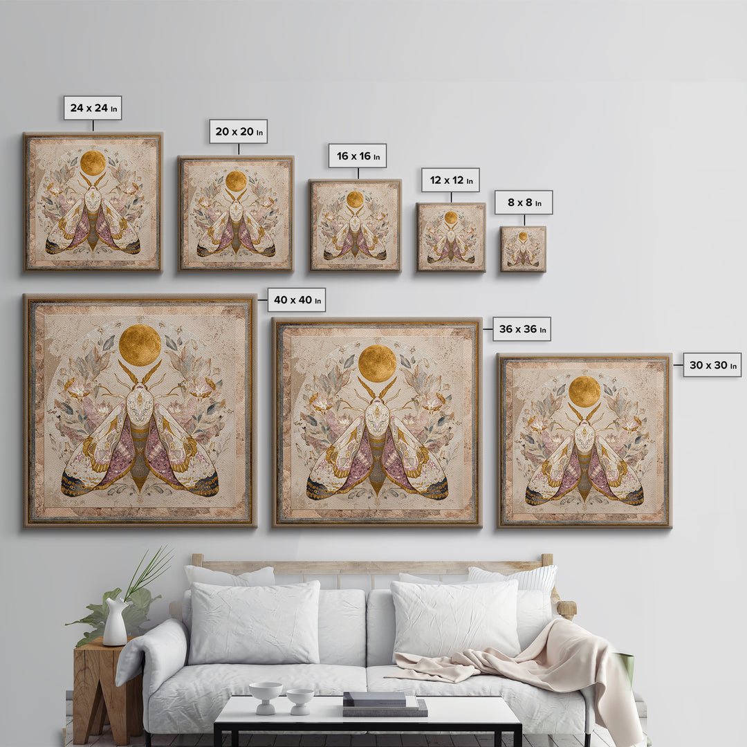 Golden Moth with Moon and Stars Canvas Print, Boho Art, Art Print, Living Room Decor, Fine Art, Bohemian, Digital Print, BOH-1x1-89