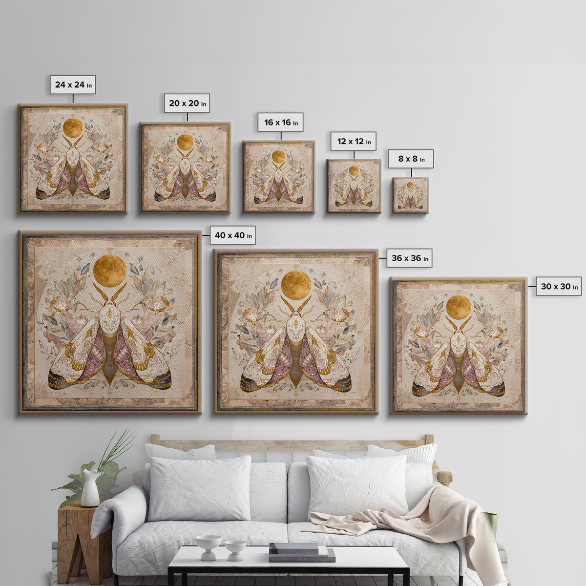 Golden Moth with Moon and Stars Canvas Print, Boho Art, Art Print, Living Room Decor, Fine Art, Bohemian, Digital Print, BOH-1x1-89