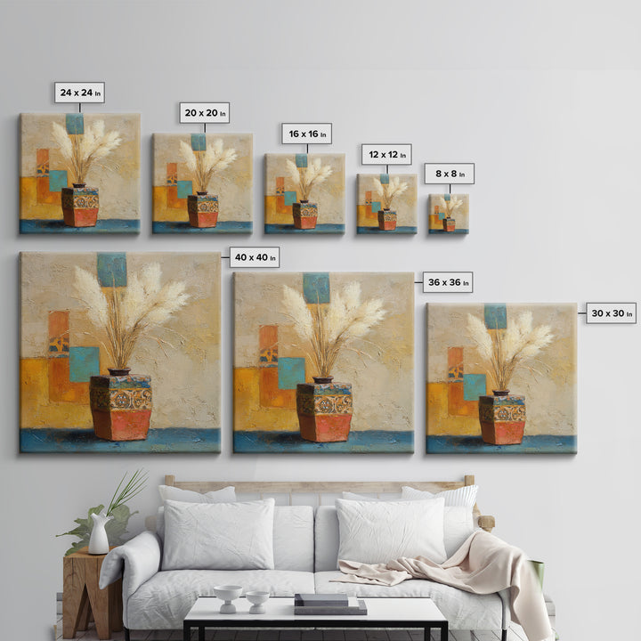 Bohemian Vase with Dried Pampas Grass Canvas Print, Boho Art, Minimalist Decor, Living Room Decor, Fine Art, Bohemian, BOH-1x1-9