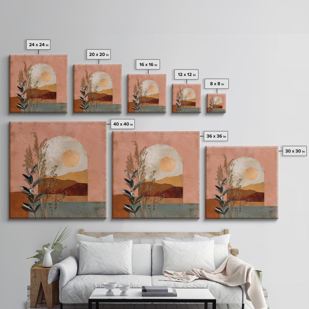 Sunrise over Rolling Dunes in Muted Peach Framed Canvas Print, Boho Art, Digital Art, Living Room Decor, Oil Painting, Bohemian, BOH-1x1-93